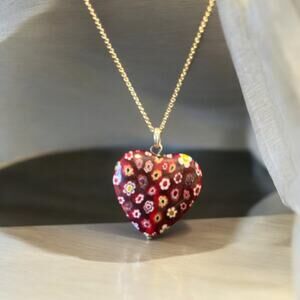 Millefiori Glass Heart Pendant with Sterling Silver Chain
